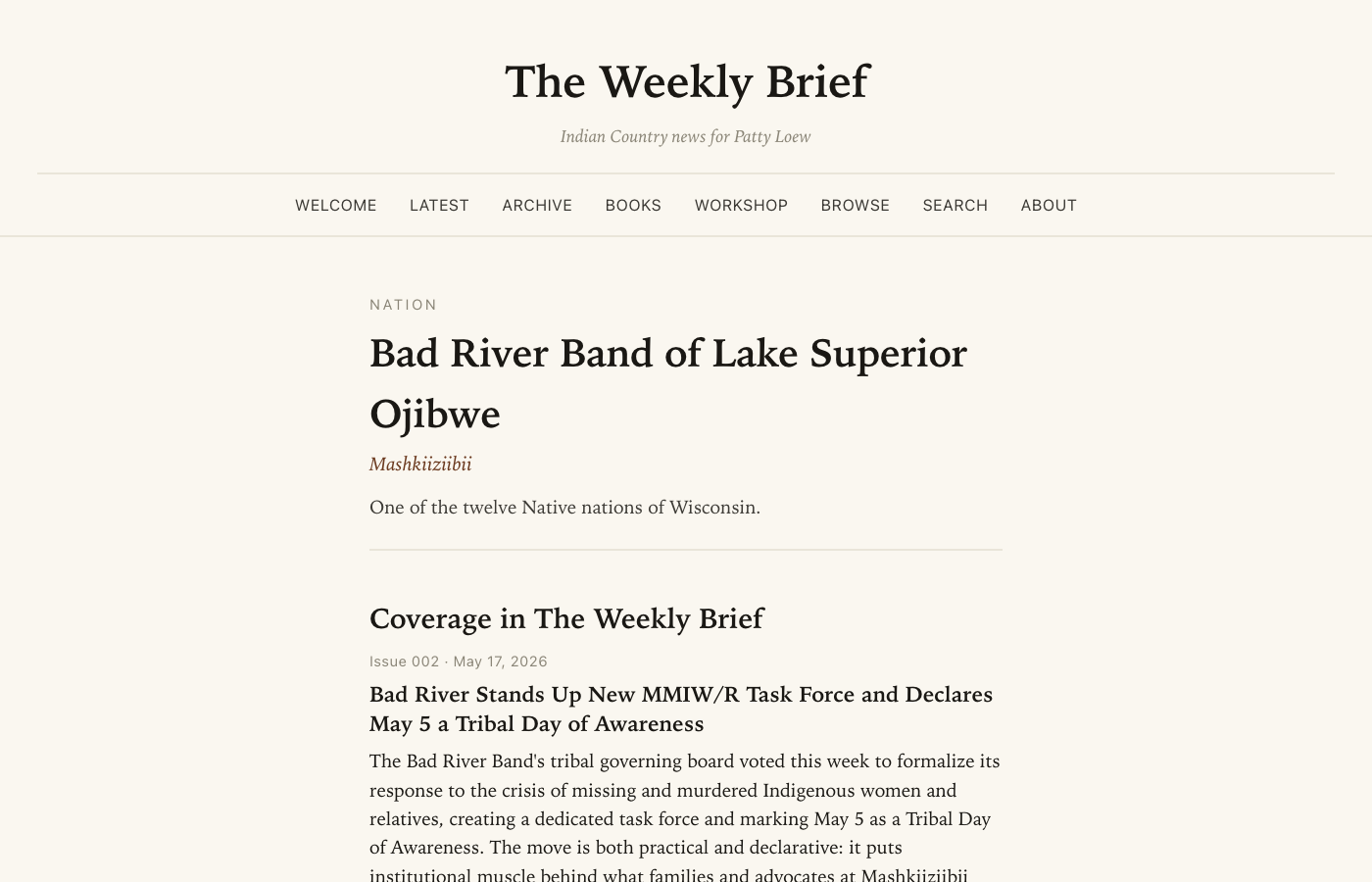 The Bad River tribe page showing a mix of recent weekly brief stories and older Background research items, all tagged to Bad River and sorted newest first