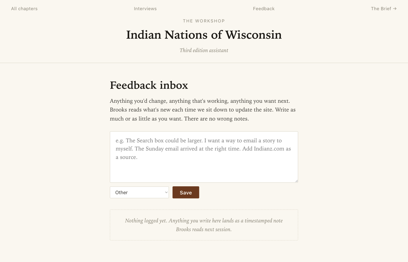 The Feedback inbox with a textarea for new notes, a category dropdown (Idea, Bug, Polish, Source, Other), and a Save button